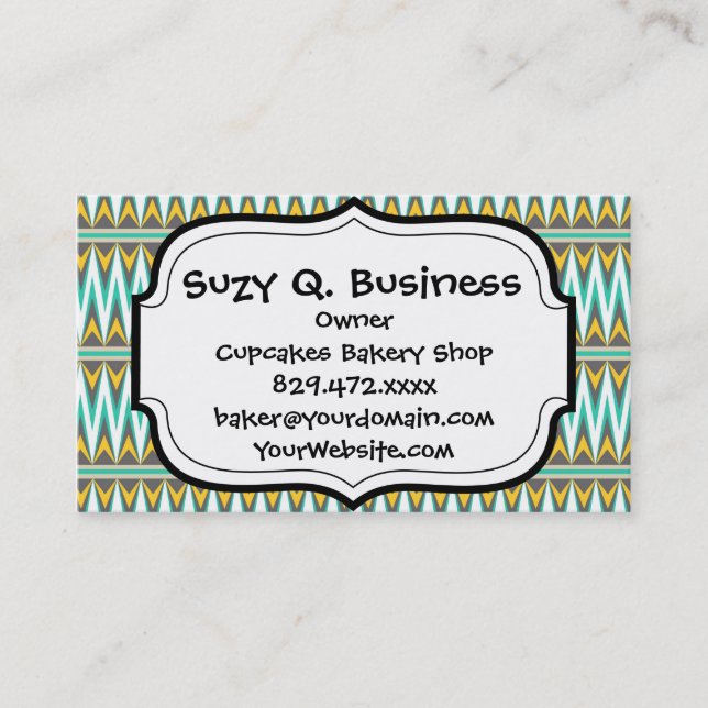 Turquoise and Gold Tribal Arrowhead Zigzags Design Business Card (Front)