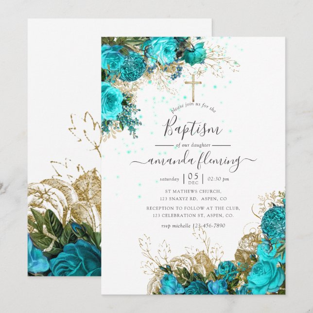 Turquoise and Gold Vintage Floral Baptism Invitation (Front/Back)