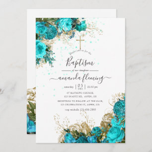Turquoise and Gold Vintage Floral Baptism Invitation