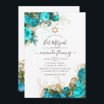 Turquoise and Gold Vintage Floral Bat Mitzvah Invitation<br><div class="desc">Turquoise and gold shabby-chic flowers bat mitzvah invitation with elegant handwriting typography.</div>