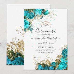 Turquoise and Gold Vintage Floral Quinceañera Invitation