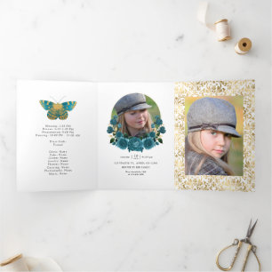 Turquoise and Gold Vintage Floral Quinceañera Tri-Fold Invitation