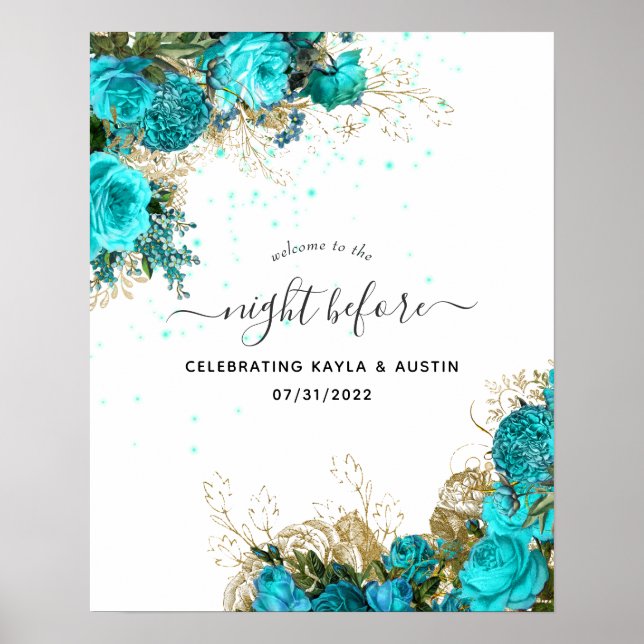 Turquoise and Gold Wedding Rehearsal Welcome Poster (Front)