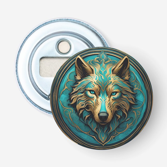 Turquoise and Gold Wolf Bottle Opener (Front)