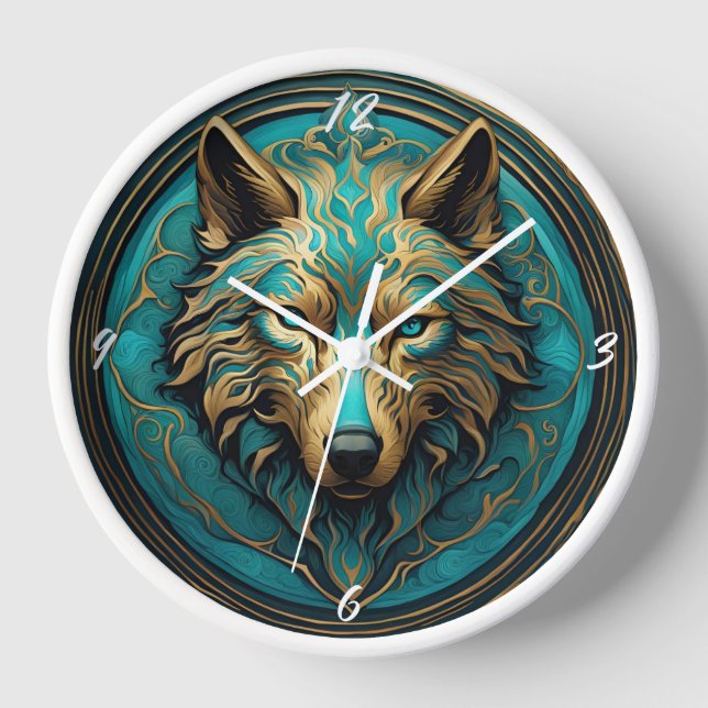 Turquoise and Gold Wolf Clock (Front)