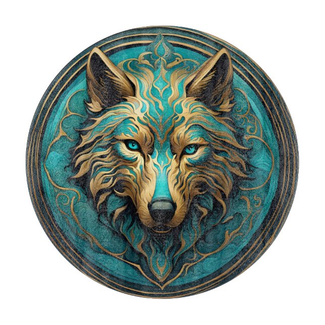 Turquoise and Gold Wolf Cutting Board (Front)