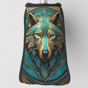 Turquoise and Gold Wolf Golf Head Cover
