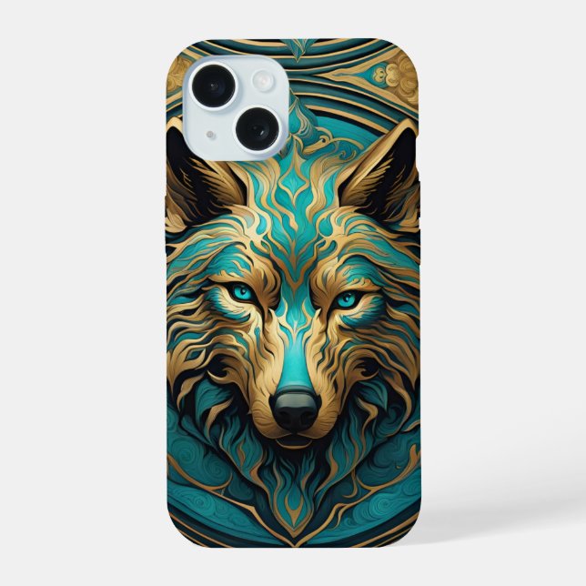 Turquoise and Gold Wolf iPhone 15 Case (Back)