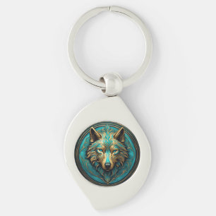Turquoise and Gold Wolf Key Ring