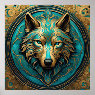 Turquoise and Gold Wolf Poster