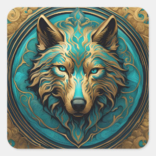 Turquoise and Gold Wolf Square Sticker