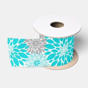 Turquoise and Gray Chrysanthemums Floral Pattern Satin Ribbon
