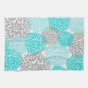 Turquoise and Gray Floral Kitchen Tea Towel