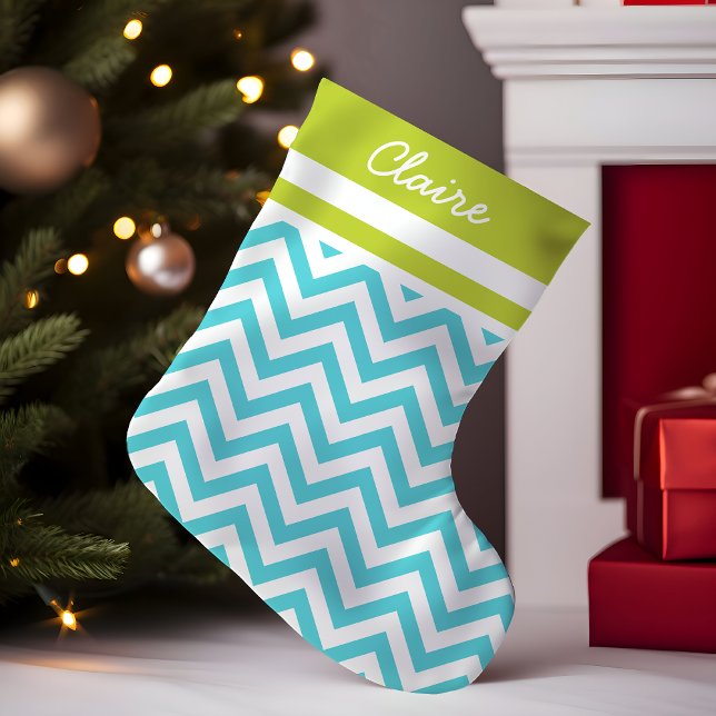 Turquoise and Green Chevron Monogram Small Christmas Stocking (Creator Uploaded)