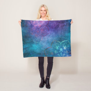 Turquoise and Green Elegant Lotus Flower Fleece Blanket