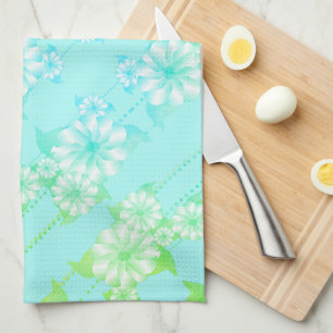 Turquoise and green floral tea towel