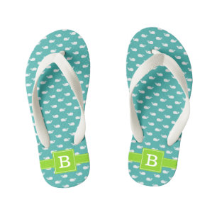 Turquoise and Green Whales Square Monogram Kid's Flip Flops