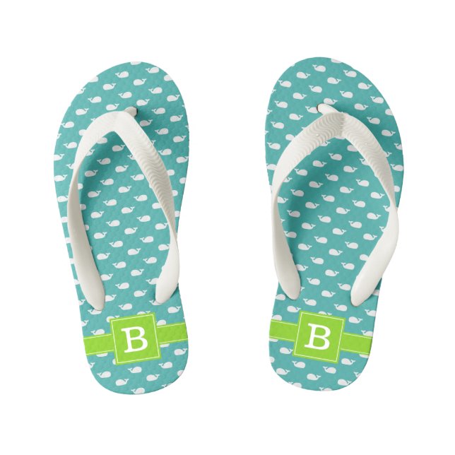 Turquoise and Green Whales Square Monogram Kid's Flip Flops (Footbed)