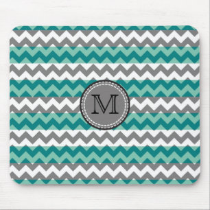 Turquoise and Grey Chevron Zigzag Monogram #2 Mouse Mat