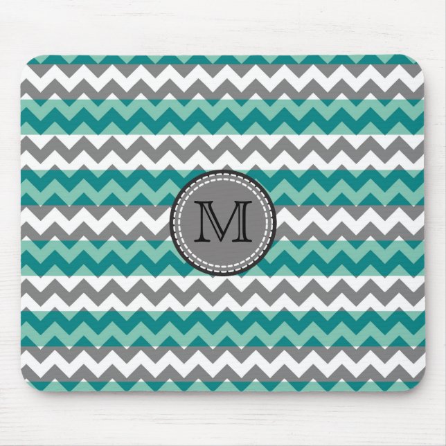 Turquoise and Grey Chevron Zigzag Monogram #2 Mouse Mat (Front)