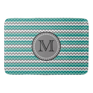 Turquoise and Grey Chevron Zigzag Monogram Bath Mat