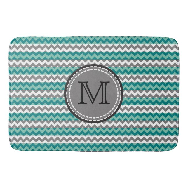 Turquoise and Grey Chevron Zigzag Monogram Bath Mat (Front)