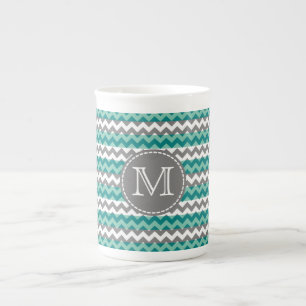 Turquoise and Grey Chevron Zigzag Monogram Bone China Mug