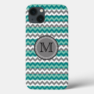 Turquoise and Grey Chevron Zigzag Monogram iPhone 13 Case