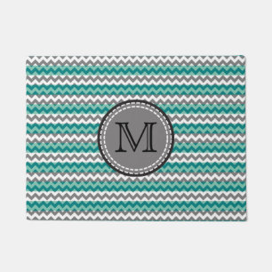 Turquoise and Grey Chevron Zigzag Monogram Doormat