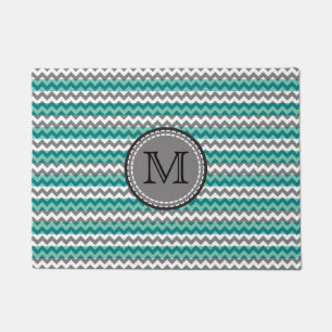 Turquoise and Grey Chevron Zigzag Monogram Doormat