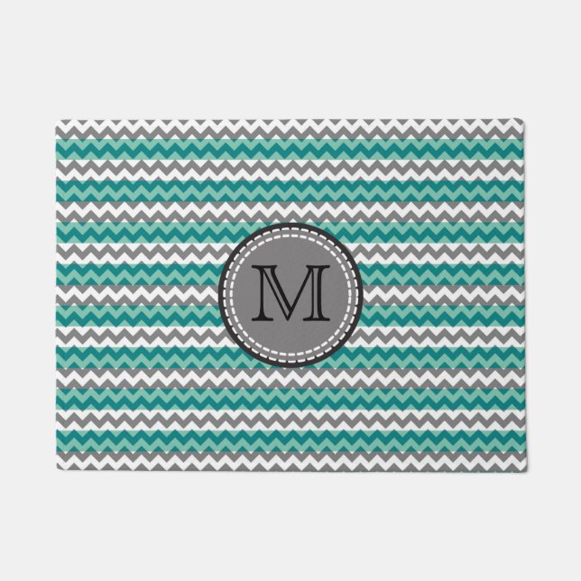 Turquoise and Grey Chevron Zigzag Monogram Doormat (Front)