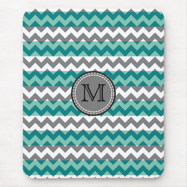 Turquoise and Grey Chevron Zigzag Monogram Mouse Mat (Front)