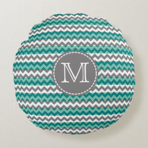 Turquoise and Grey Chevron Zigzag Monogram Round Cushion