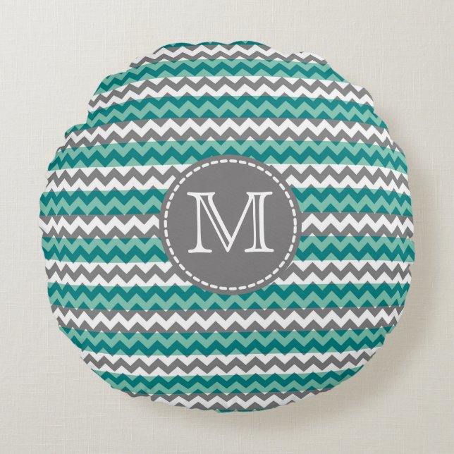 Turquoise and Grey Chevron Zigzag Monogram Round Cushion (Front)