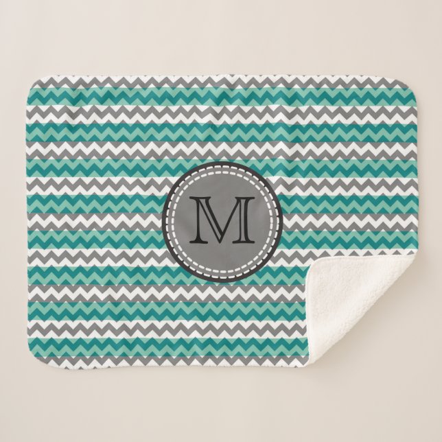 Turquoise and Grey Chevron Zigzag Monogram Sherpa Blanket (Front (Horizontal))