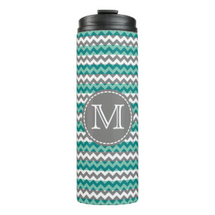 Turquoise and Grey Chevron Zigzag Monogram Thermal Tumbler