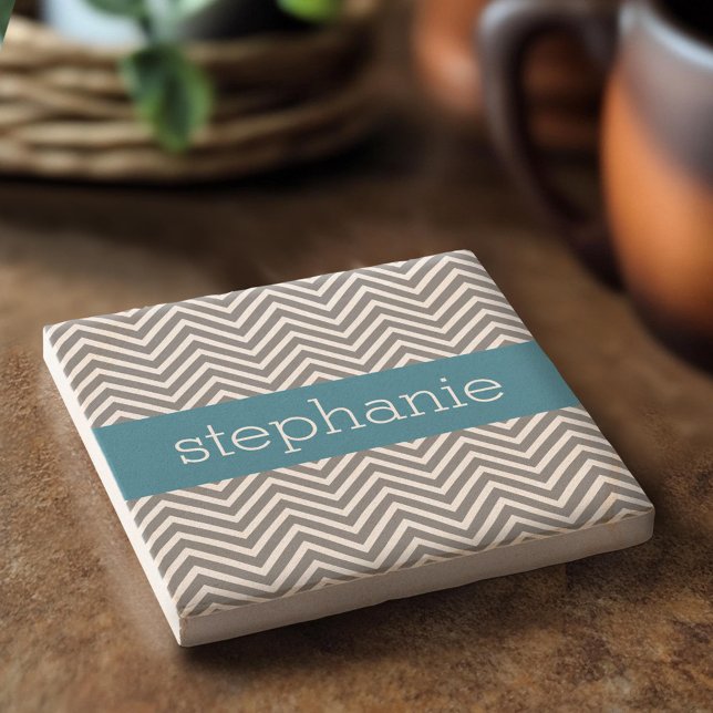 Turquoise and Grey Chevrons Custom Name Stone Coaster (Custom Stone Coaster)