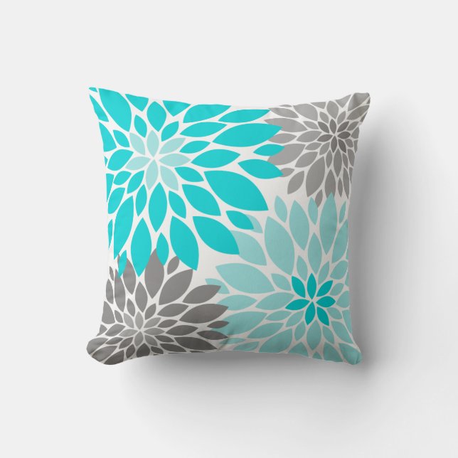 Turquoise and Grey Chrysanthemums Floral Pattern Cushion (Front)