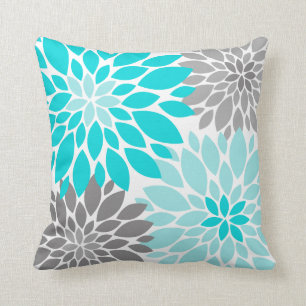 Turquoise and Grey Chrysanthemums Floral Pattern Cushion