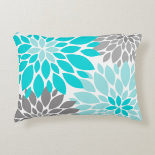 Turquoise and Grey Chrysanthemums Floral Pattern Decorative Cushion