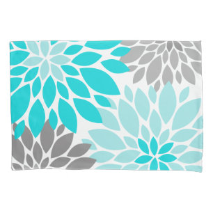 Turquoise and Grey Chrysanthemums Floral Pattern Pillowcase