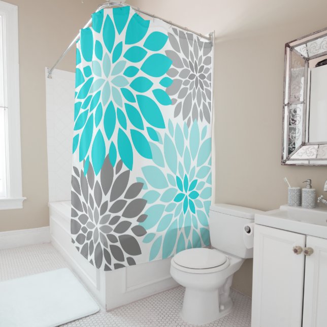 Turquoise and Grey Chrysanthemums Floral Pattern Shower Curtain (In Situ)