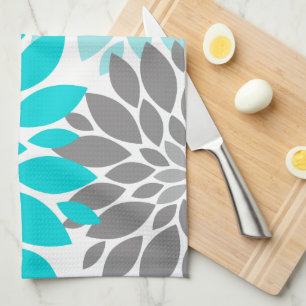 Turquoise and Grey Chrysanthemums Floral Pattern Tea Towel