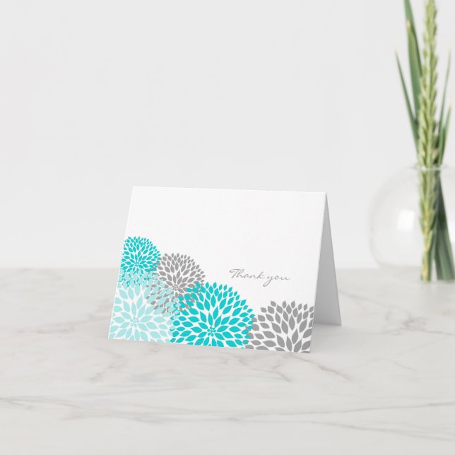 Turquoise and Grey Dahlia Blossom Thank you notes (Front)