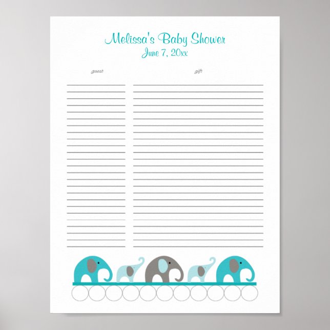 Turquoise and Grey Elephants Baby Shower Gift List Poster (Front)
