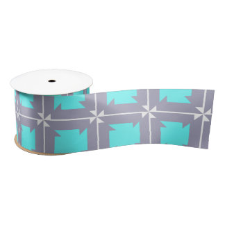 Turquoise and Grey Geometric Pattern Satin Ribbon