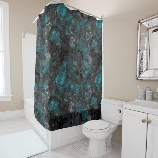 Turquoise and Grey  Marbled Shower Curtain (In Situ)
