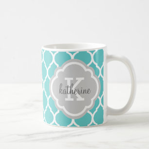 Turquoise and Grey Moroccan Quatrefoil Monogram Coffee Mug