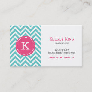 Turquoise and Hot Pink Chevron Custom Monogram Business Card