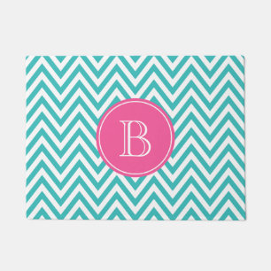 Turquoise and Hot Pink Chevron Custom Monogram Doormat